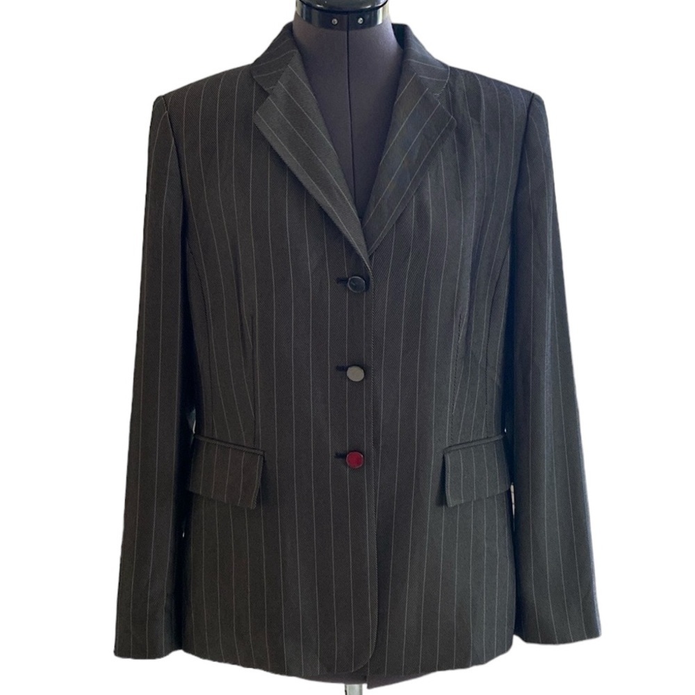 Kasper Women’s Sz 10 Blazer Size3 Button Black White Stripes 2 Pockets Dry Clean